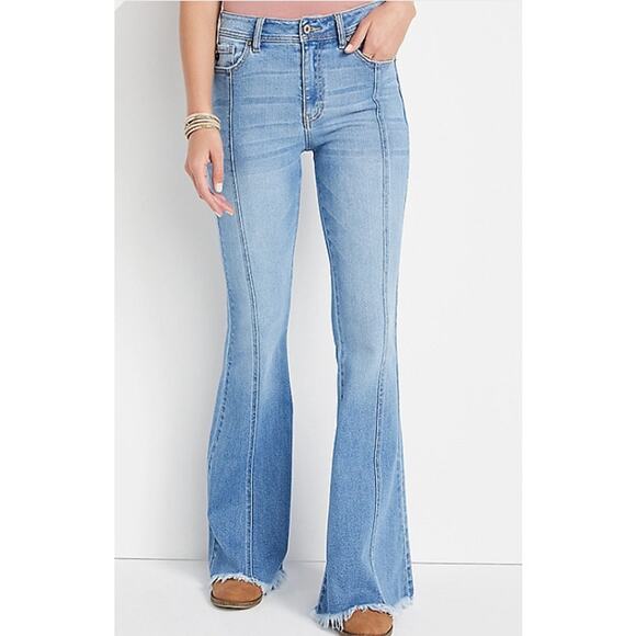 KanCan Flare High Rise Front Seam Jean SZ 32 Light Wash Super Stretch Frayed Hem - Picture 2 of 12
